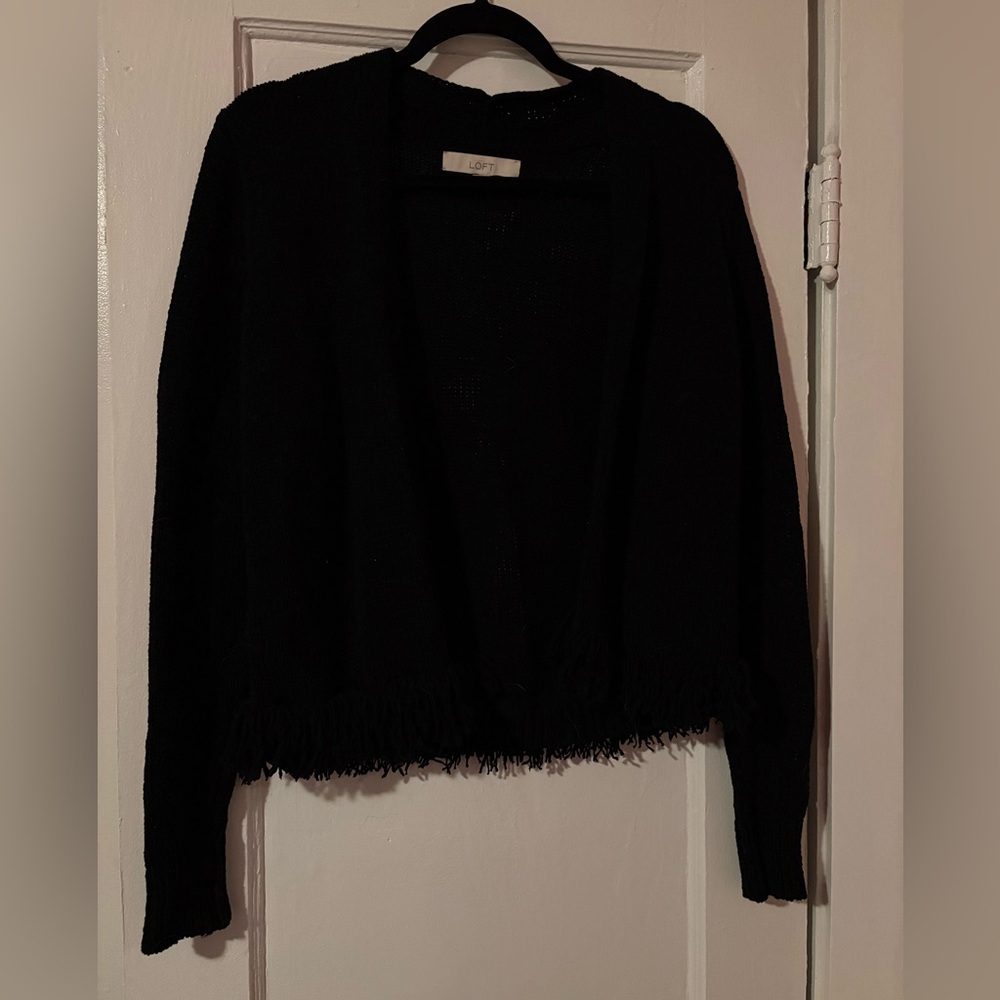 LOFT Black Open Knit Fringe Hem Sweater Long Sleeve XS